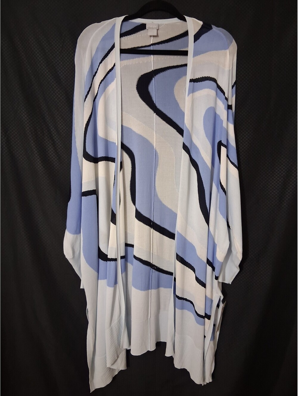 Chico’s Women's Blue White Black Abstract Print Longline Open Front Duster, XL